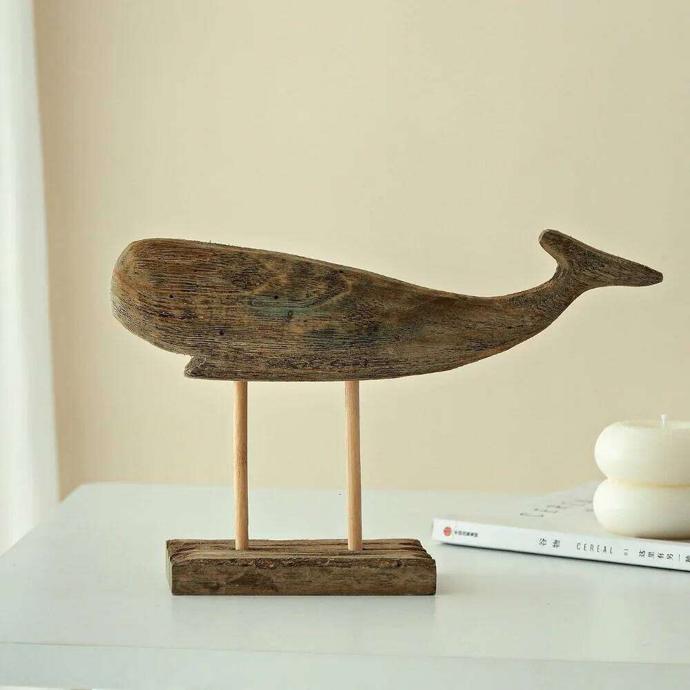 Wooden Hand Carved Figurine Vintage Whale Handicraft Decor with Widened Base Natural Art Home Living Room Ocean Ornament S260204