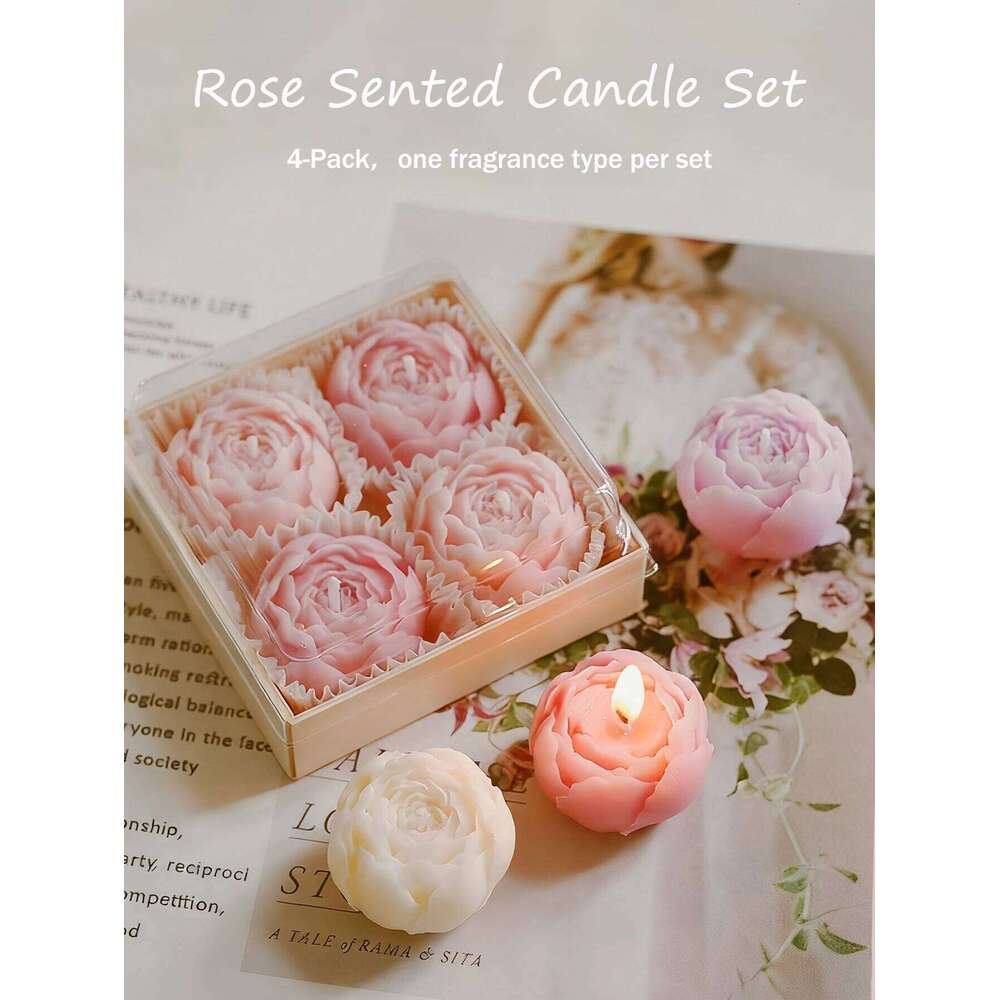 5-Color Rose Scented Candles Set of 4 Box, Smokeless Decorative Candles, Atmosphere Enhancer, Valentine's Day Decor & Gift S260204