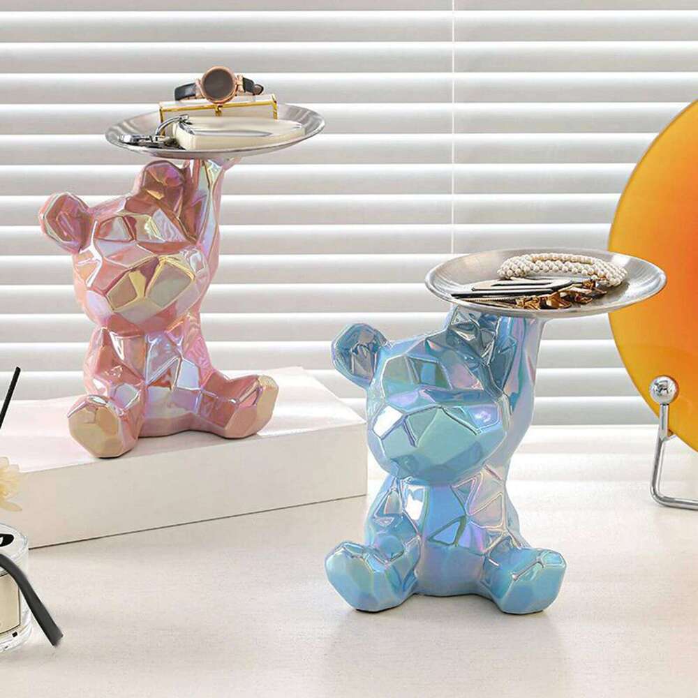 Creative Resin Bear Figurine Cute Statue Home Decoration Desktop Storage Tray Rack for Coins Snack Phone Entrance Office S260204