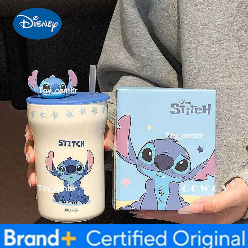 Disney Stitch Angel 2025 New High Aesthetic Ceramic Mug With Lid And Straw Couple Coffee Milk Cup Birthday Gift For Couples H260205