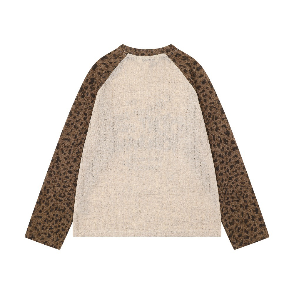 Color Block Leopard Print Long Sleeve T-Shirt Loose Fit Mens Spring Autumn Ins American Street Style Letter Graffiti Print Tee