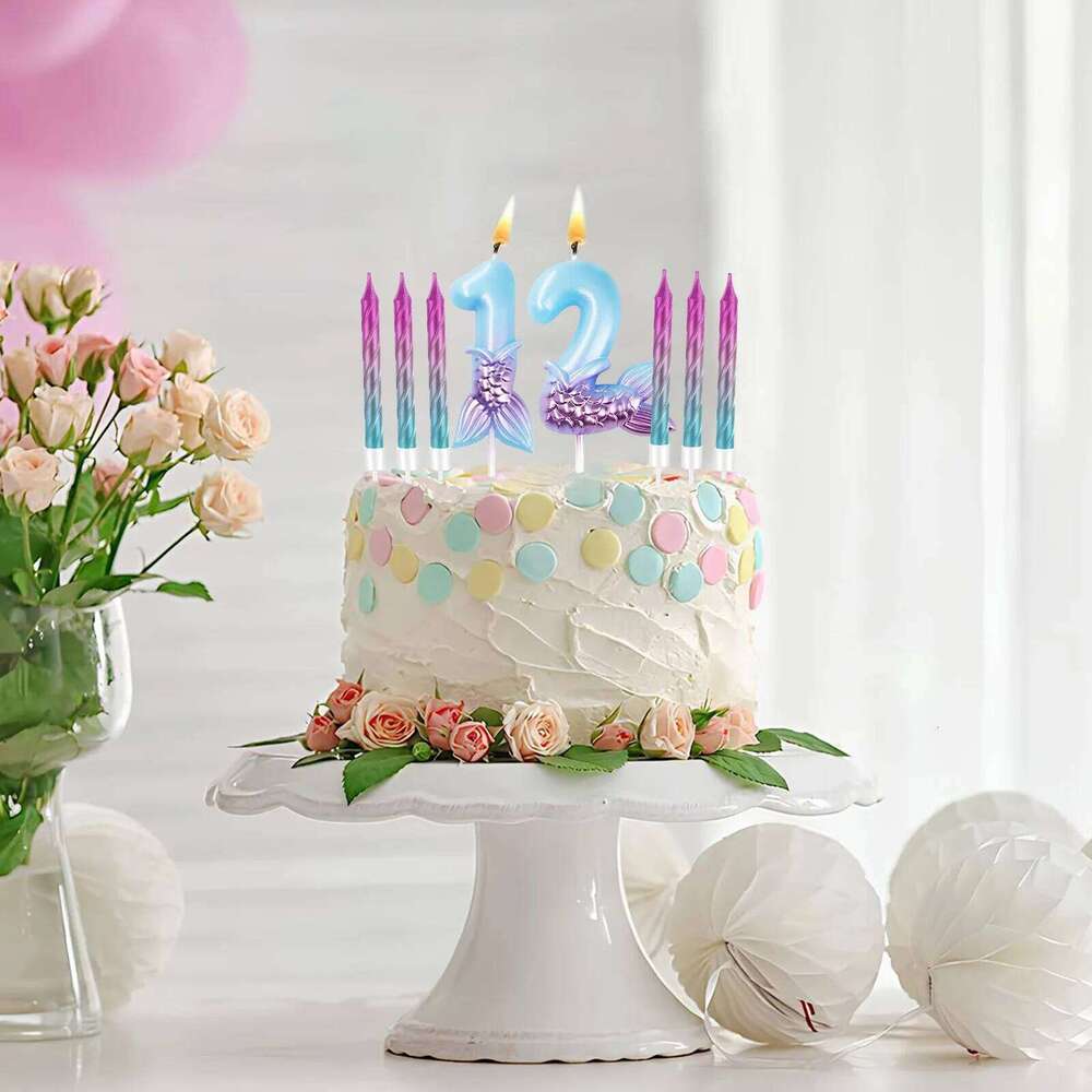 Set 1 with 11 Rainbow Spiral Candles Mermaid Theme Birthday Cake Toppers Decorations S260204