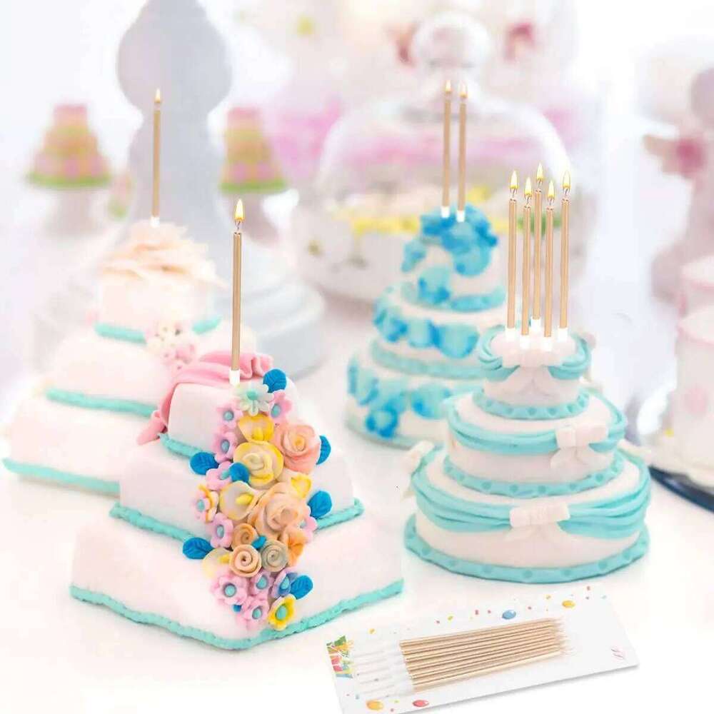 30pcs Count Party Long Thin Cake Metallic Candles in Holders for Birthday Cakes Cupcake, Champagne Gold S260204