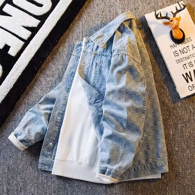 Spring And Autumn Jacquard Turn-Down Collar Denim Jacket For Men Korean Version Loose Casual Retro Washed Trendy Brand Cool Workwear Coat