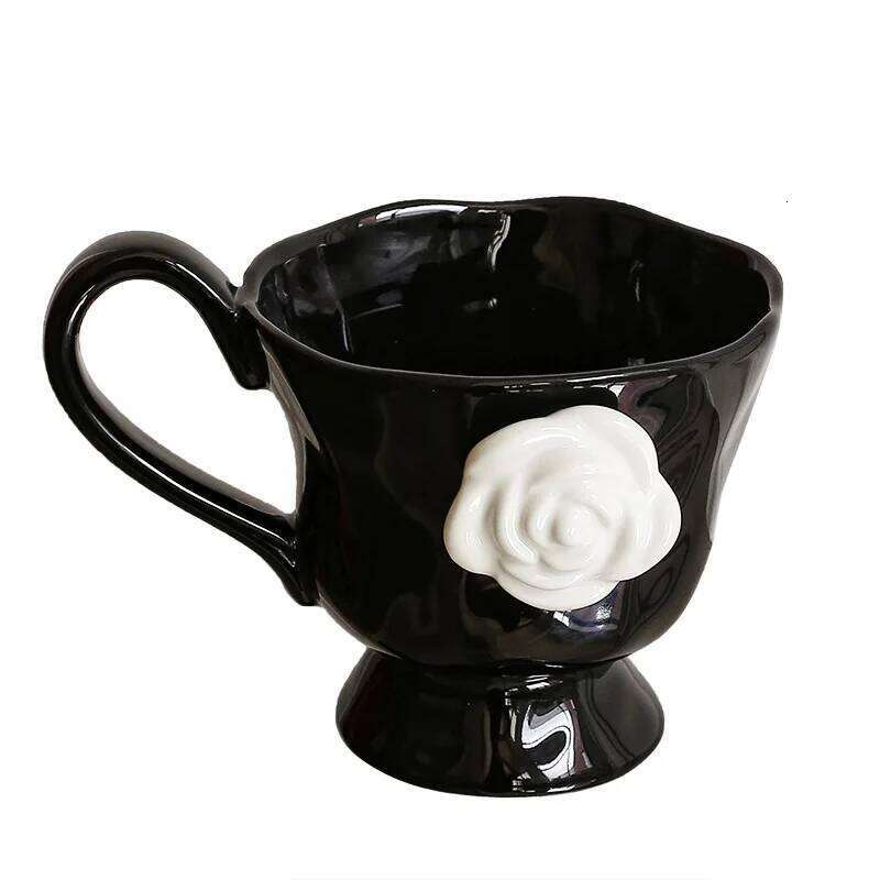 Camellia Embossed French Household Creative Breakfast Milk Ceramic Mug, Office Coffee Cup, Retro Mugs with Handle