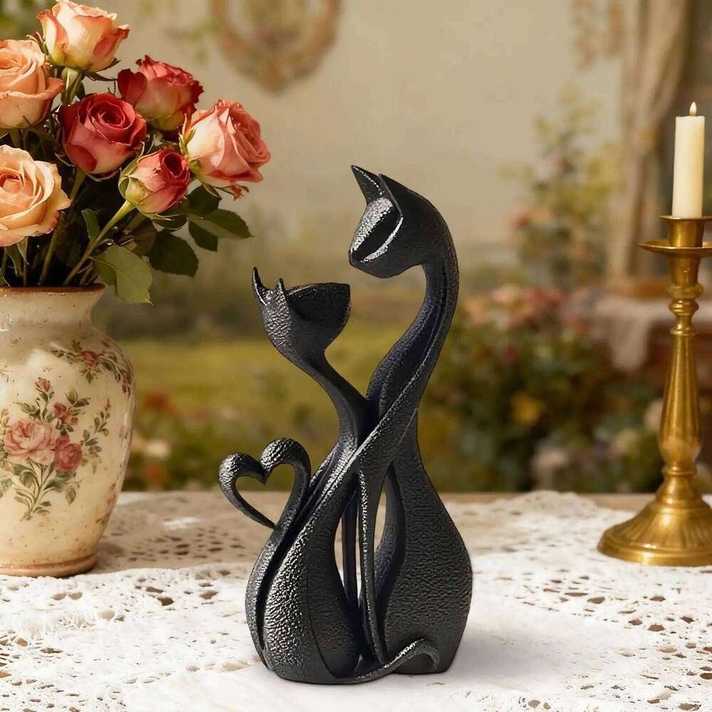 gold black Loving Kiss Dating Couple Cats Statue Retro Heart Elements Animal Room Decoration Cat Sculpture S260204