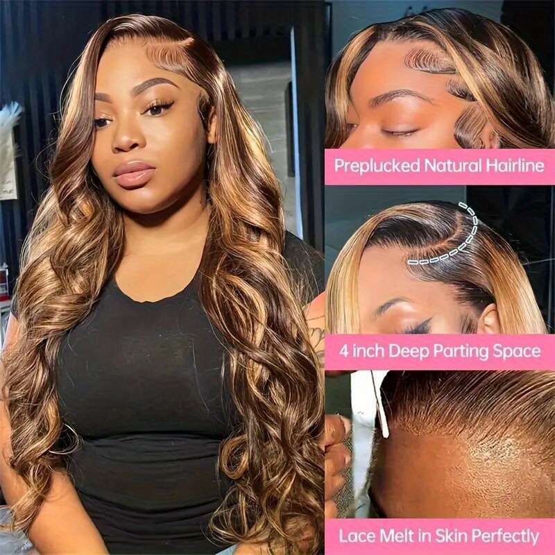 200 Density Highlight Human Front Wig With 13X4 HD Lace - Pre-Plucked Baby Hair & Natural Hairline, Honey Blonde Ombre Col Lighter To Darker, Body Wav