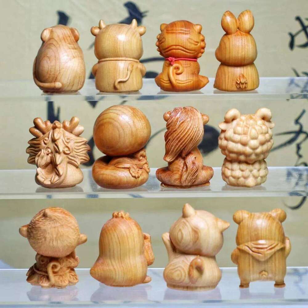 12 Zodiac Wood Carving Set - Rat Cow Tiger Rabbit Dragon Snake Horse Sheep Monkey Chicken Dog Pig Animal Figurines Handmade Gif
