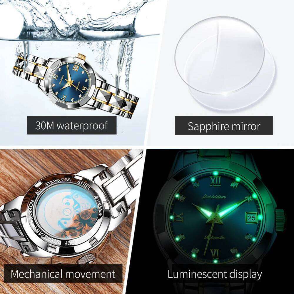 JSDUN 8813 Automatic Women's Watches Luxury Tungsten Steel Strap Calendar Waterproof Mechanical Wristwatches for Woman 26H0205