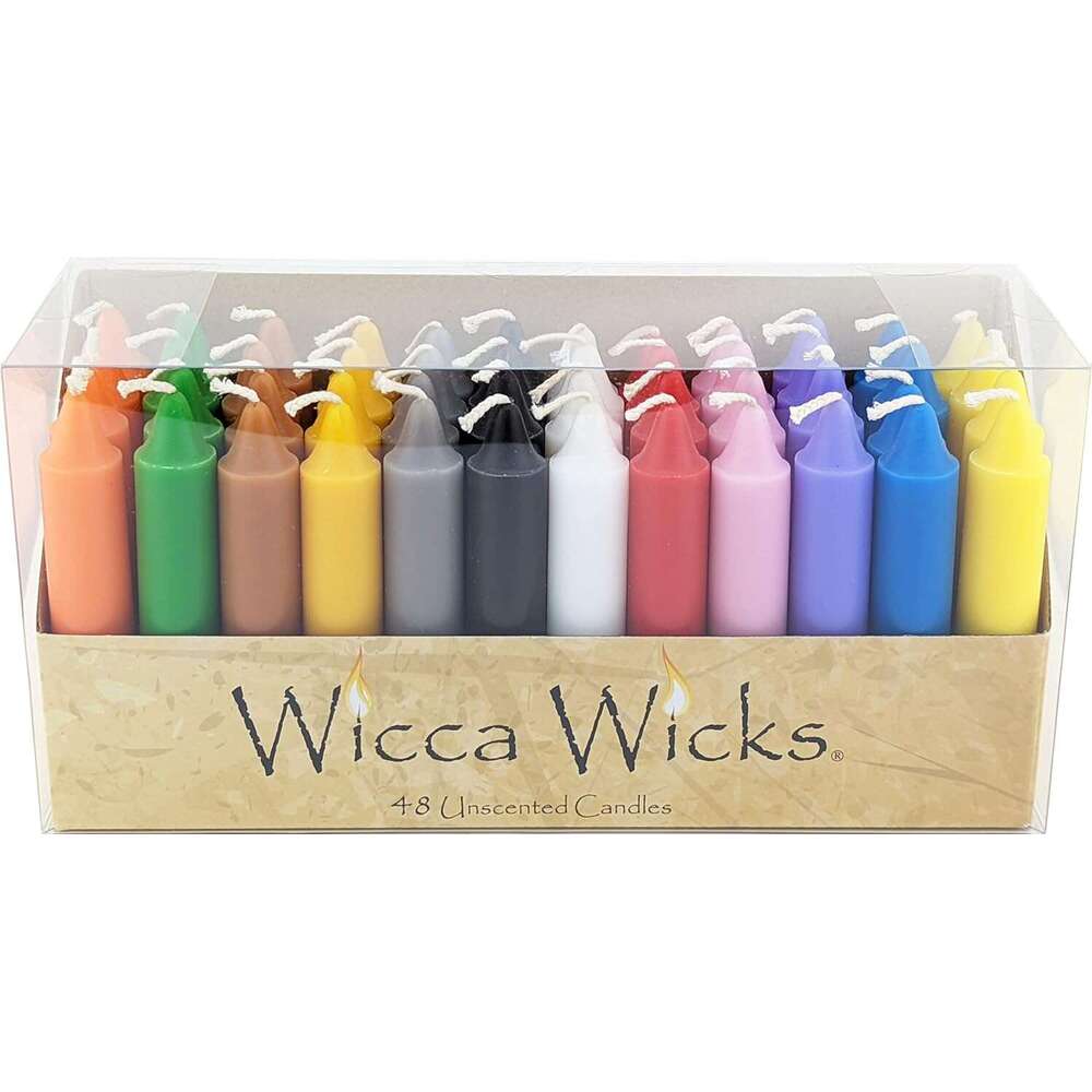 Wicca Wicks - Box of 48 Colored Candles 4 inches Tall 3/4 inch Diameter Witchcraft Supplies for Your Personal Wiccan Altar, Spells, Charms & Intention