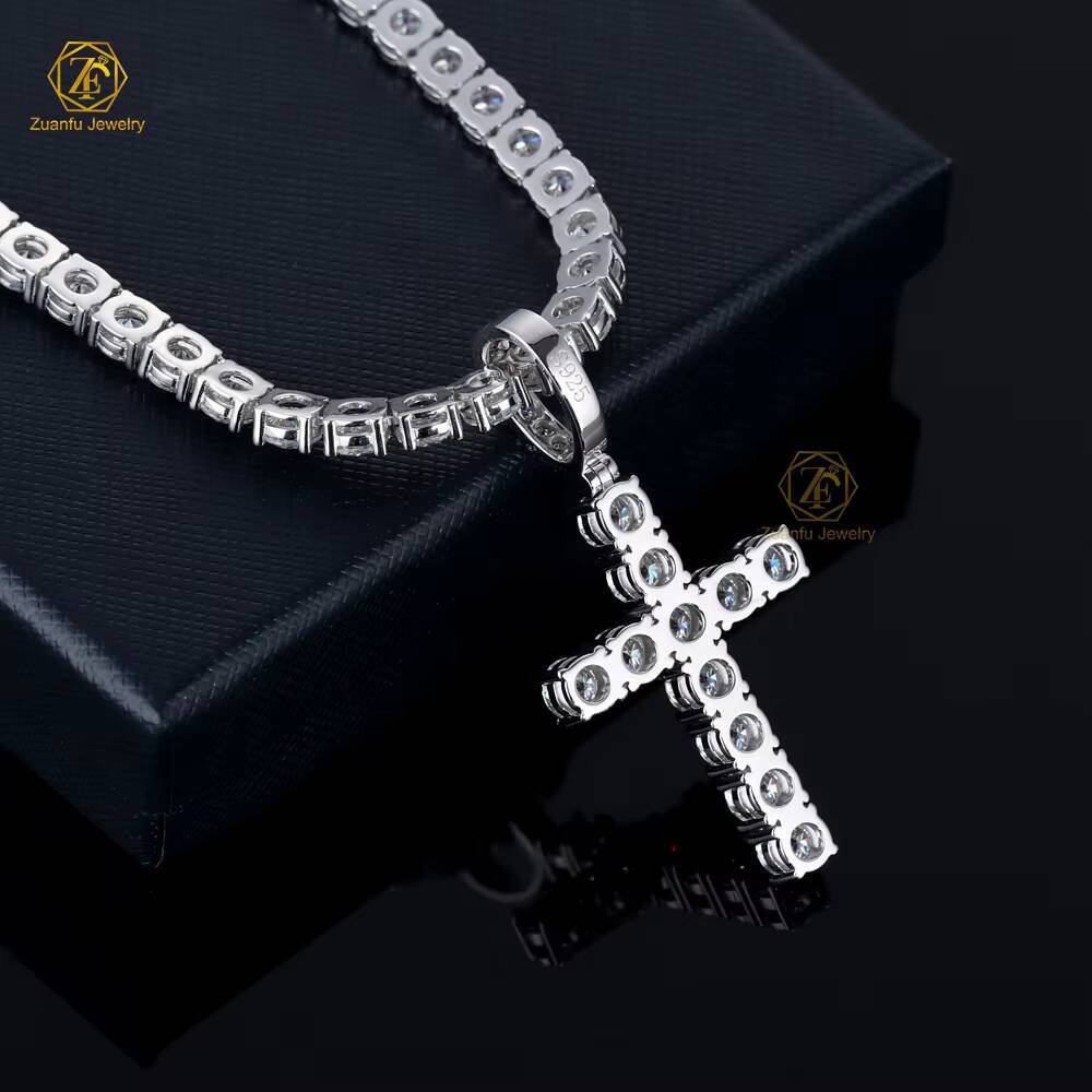 925 Sterling Silver 5mm D VVS Moissanite Diamond Cross Pendant with Tennis Chain Necklace for Women Men - view 6