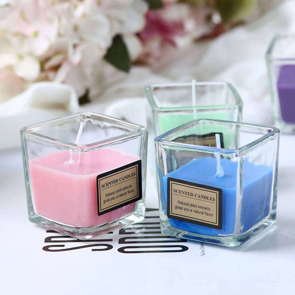 1pc Square Cup Colorful Smokeless Glass Candle Aromatherapy Ins Style Romantic Home Office Party Decor H260205