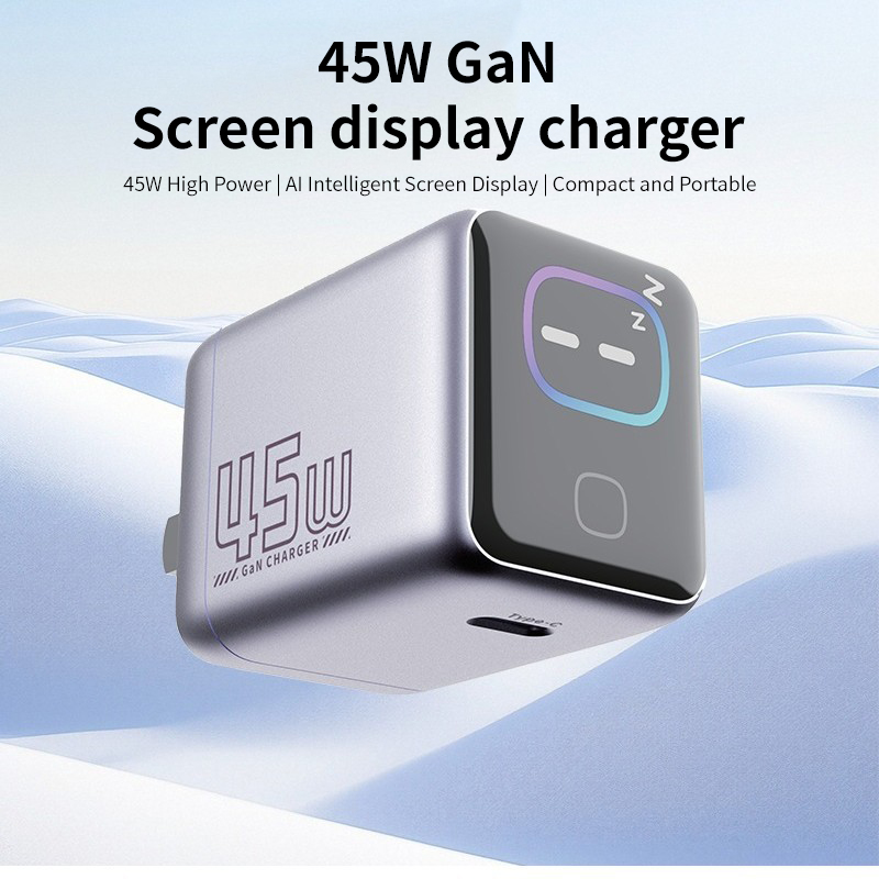 AI display screen 45W GaN Type C fast charger with US UK EU power plug for iphone/Samsung/iPad
