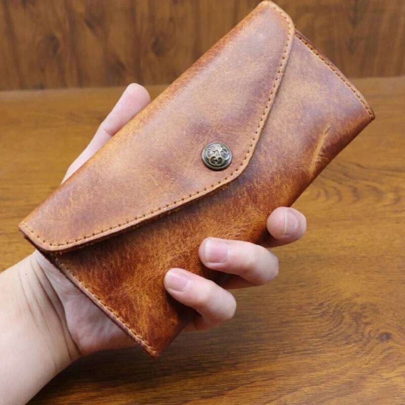 Hand Distressed Vegetable Tanned Men's Long Wallet Large Capacity Clasp Closure Phone Clutch Bag for Women 100% Leather Z260205