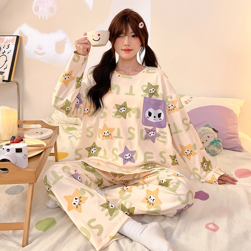 B1401-Elegant Women's Pajama Ensemble: Matching Cherry Patterned Tops and Bottoms with Sleeves