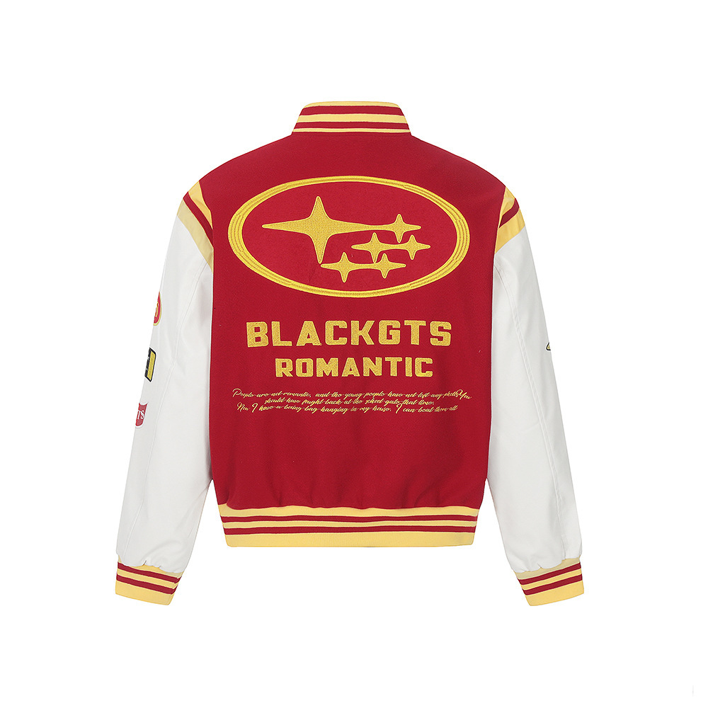 Heavy Embroidery Letter Baseball Jacket Mens Trendy Brand Autumn Winter Loose Casual Color Block PU Leather Sleeve Coat