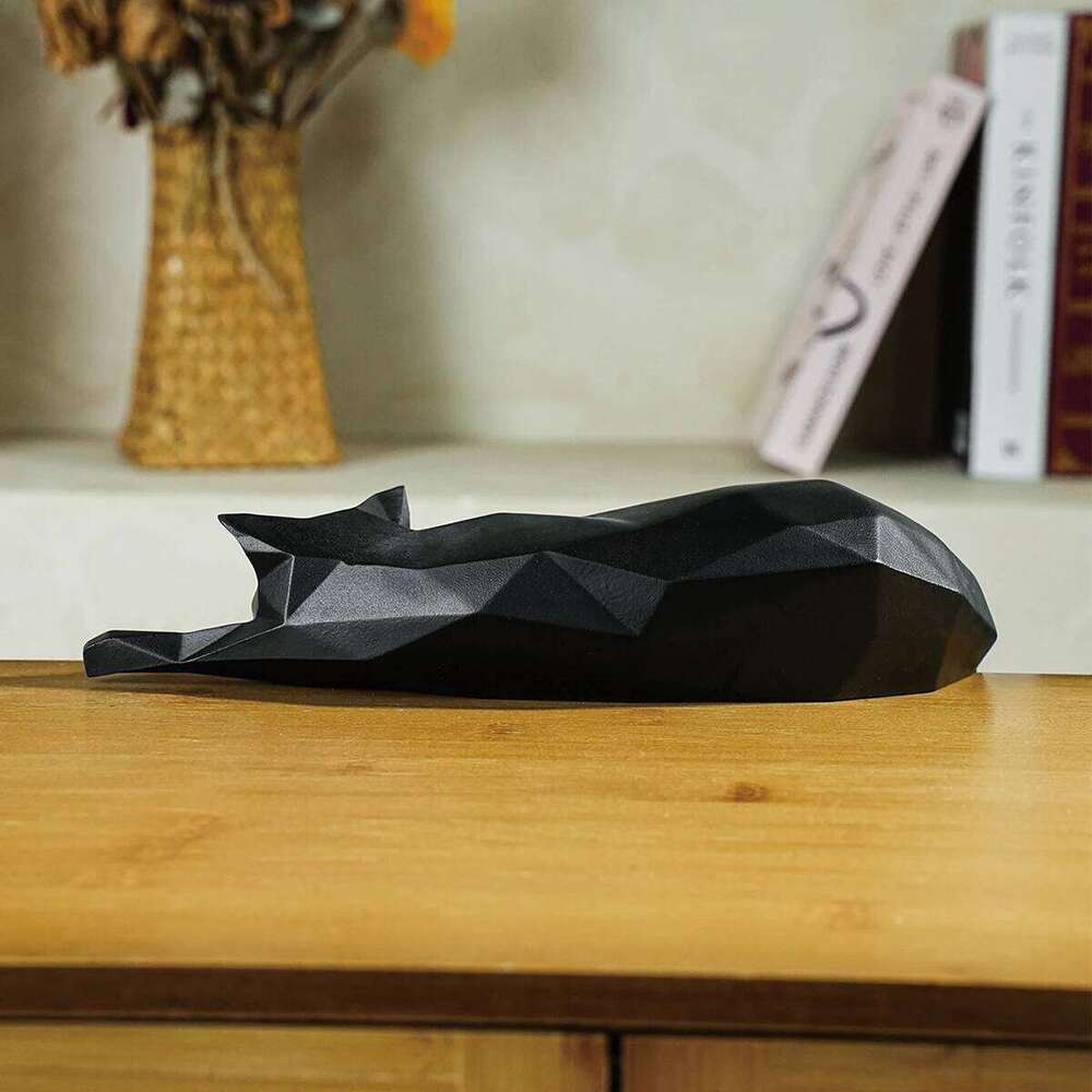 White Black Statue - Geometric Modern Room Figurine Sculpture for Home Office as Table Shelf Desk Decor Lying Cat S260204