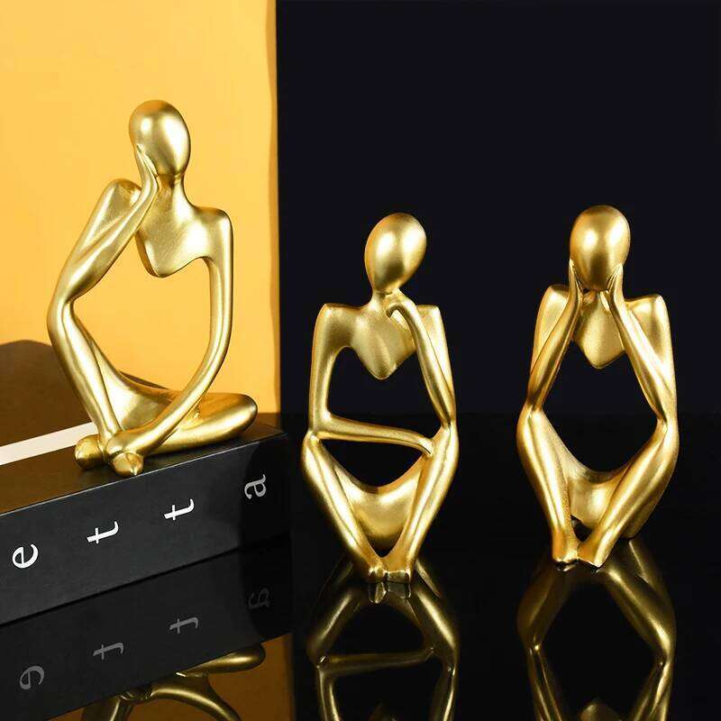 Resin Gold Thinker Statues Figurines Art Living Room Television Wine Cabinet Office Home Bookshelf Desktop Decorations Sculpture S260204