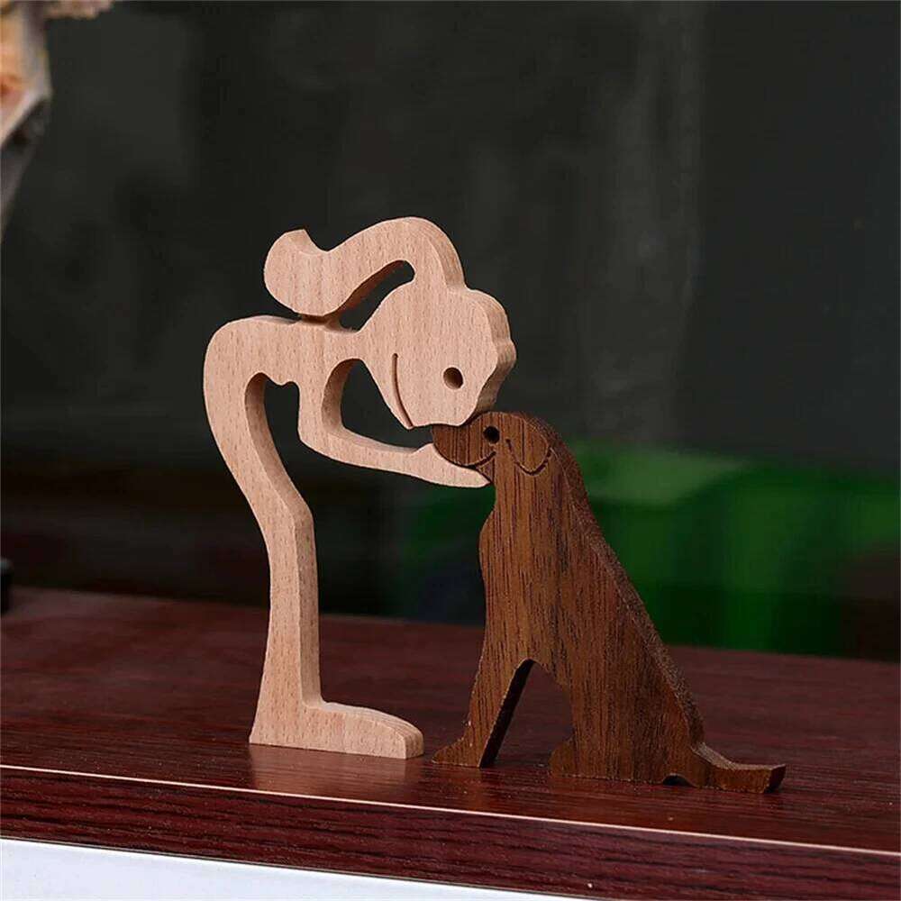 Wooden Dog And Human Craft Figurin Creative 3D Home Office Decoration Man Statue Wood Toy Desk ECO Friendly Free Shipping S260204