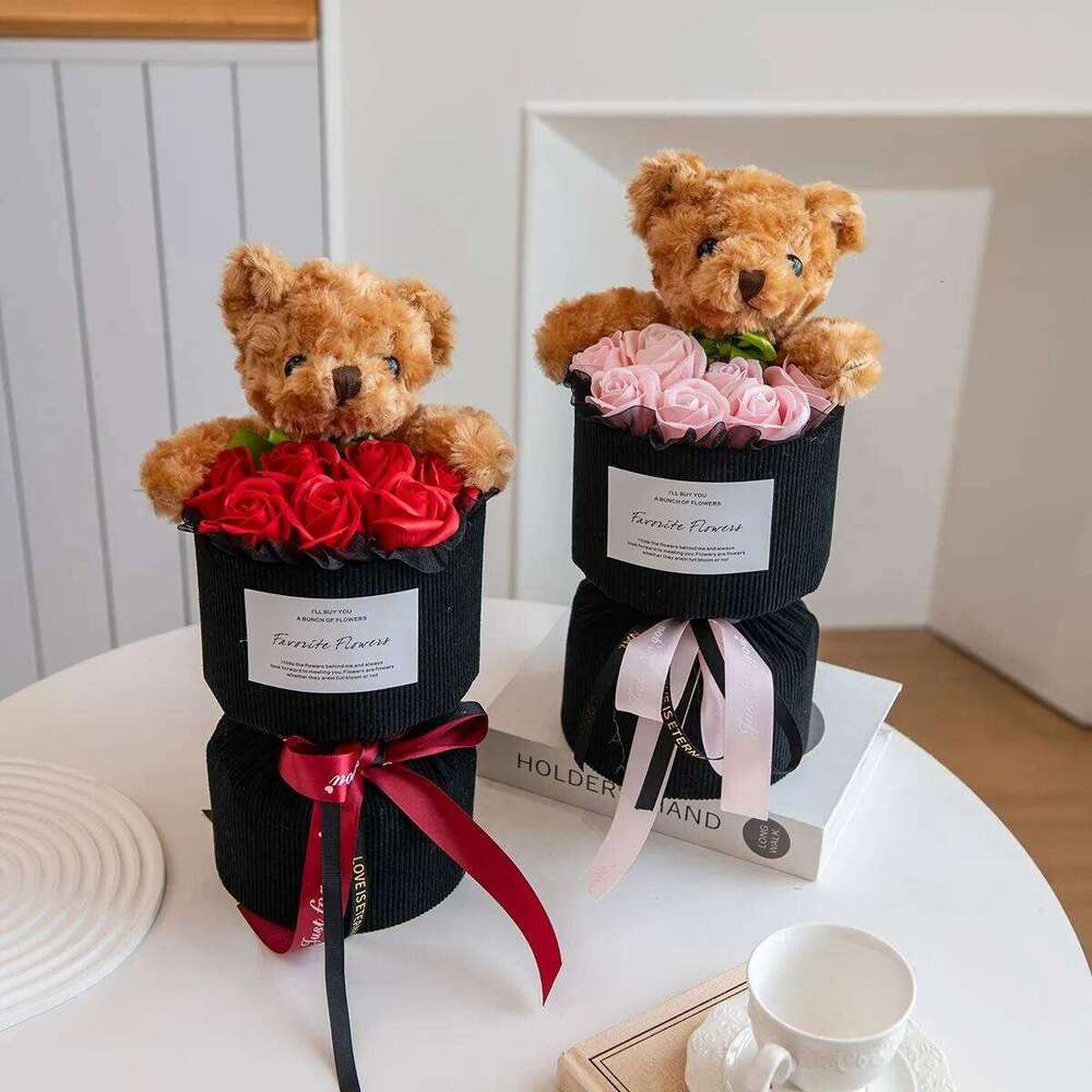 Valentine's Day Gift Her Rose Bouquet with Cute Bear Artificial Flower Home Decor for Living Room Bedroom Wedding Decoration S260204