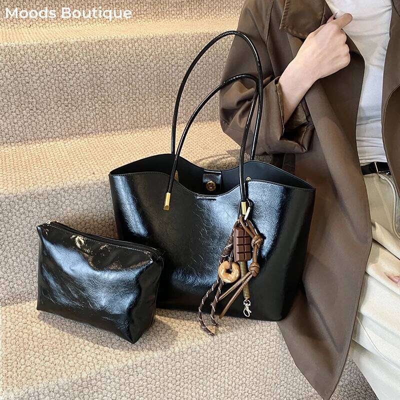Bright PU Leather Big Tote Bag Set For Women 2-IN-1 Solid Color Shoulder Bags With Pendant Vintage Large Capacity Shopper Totes Y260204