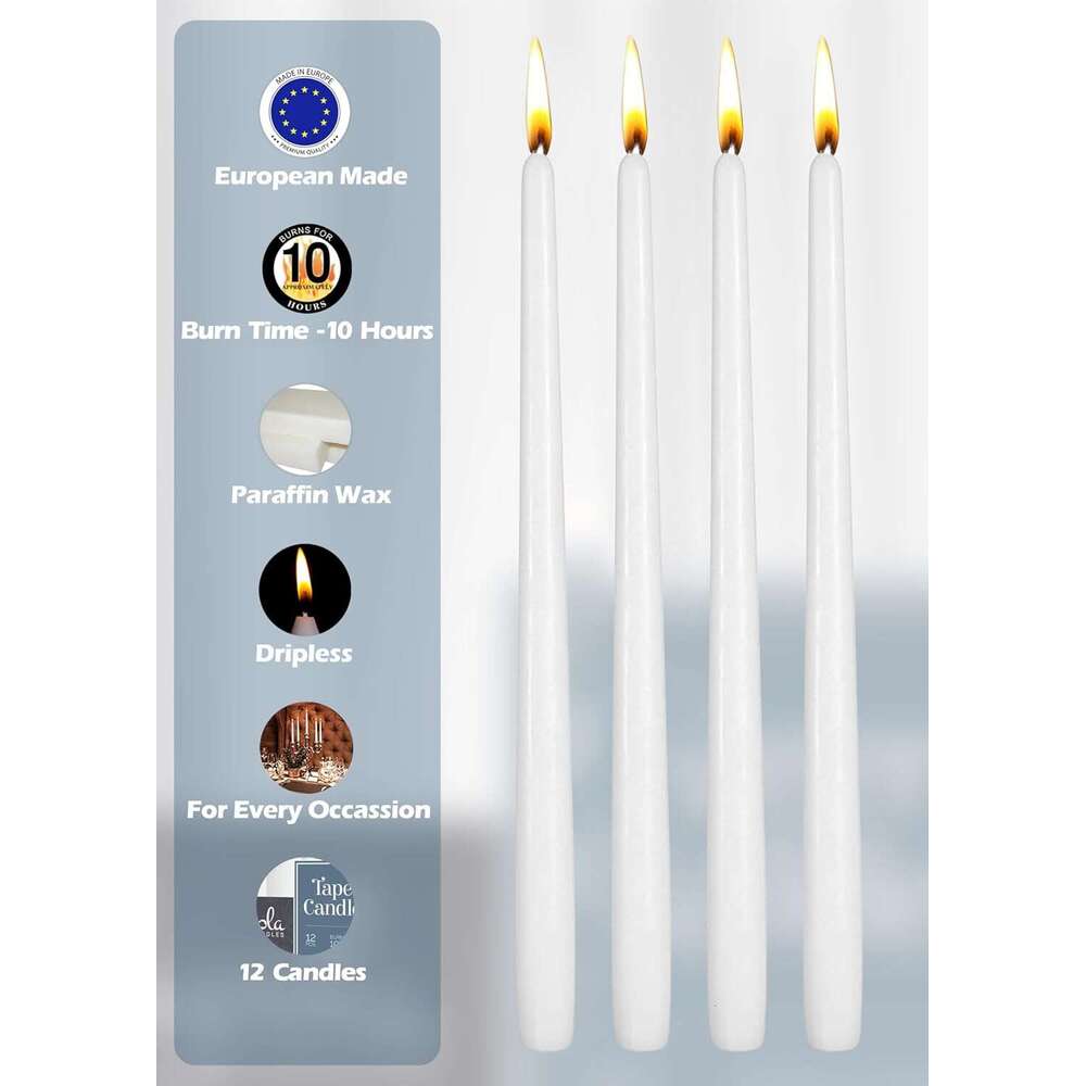 Pack Tall Taper Candles 12 Inch White Dripless, Unscented Dinner Candle Paraffin Wax with Cotton Wicks - 10 Hour Burn Time S260204