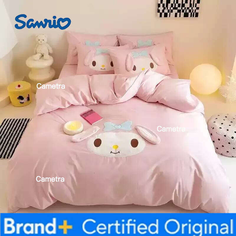 Sanrio Pure Cotton Meowth Washed Cartoon Three-Piece Dormitory Sheet Quilt Cover Bedding Set Home Textile H260205