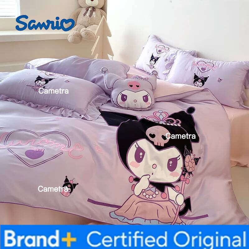 Sanrio Tencel Four Cartoon Kuromi Three Piece Set Summer Ice Silk Quilt Cover Bed Sheet Bedding Send a pillow H260205