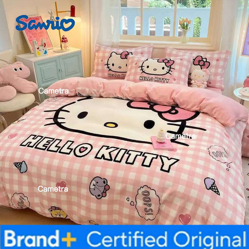 Sanrio Milk Fleece 4-piece Cute Kitty Thickened 3kg Quilt Cover Bed Sheet Pillowcase Children's 3-piece Set H260205