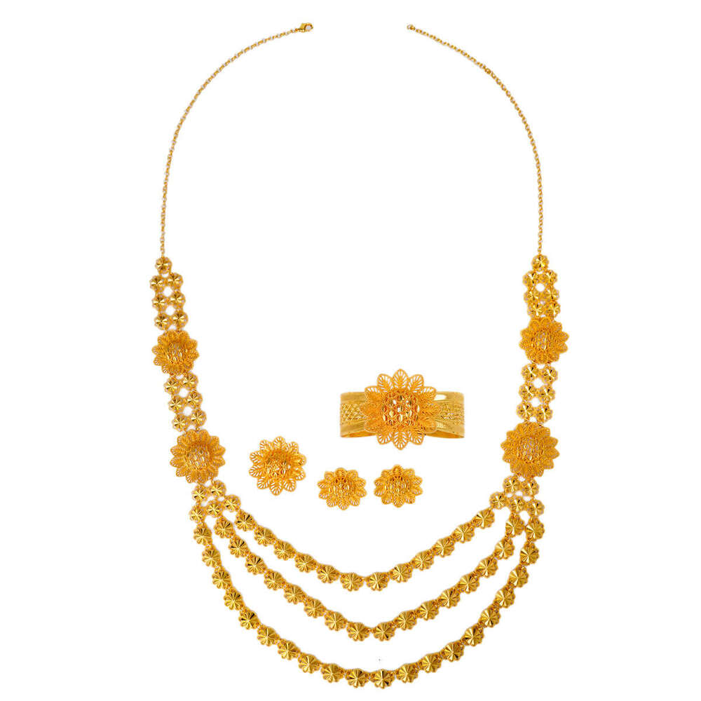 Dubai Bride 24k Gold Plated Necklace Bracelet Earrings Ring Jewelry African Women's Accessories Four-Piece Set