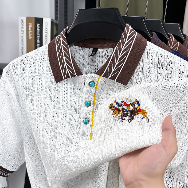 Free shipping 2026 Summer New Top Short Sleeve Knitted Shirt Embroidered Pattern for Middle aged and Young Men's Polo Shirt