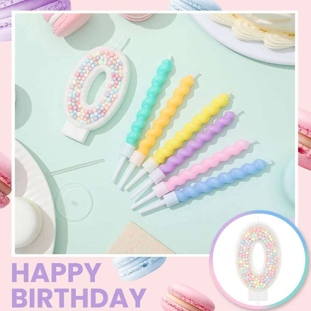 Birthday Macaron Pastel Glitter 3D Number Candle with 12 Pcs Rainbow Spiral Candles in Holders for Girl Boy Cake S260204