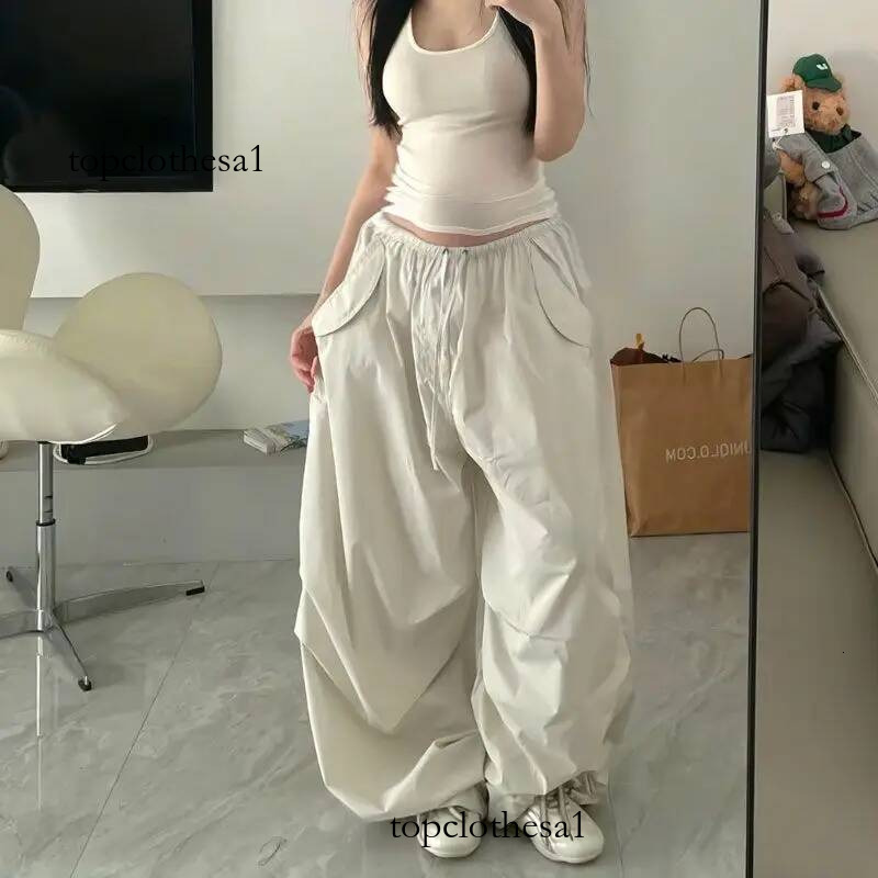 Deeptown Beige Oversized Women Parachute Pants Basic Wide Leg Jogging Korean Fashion Cargo Sweatpants Baggy Hip Hop Casual New