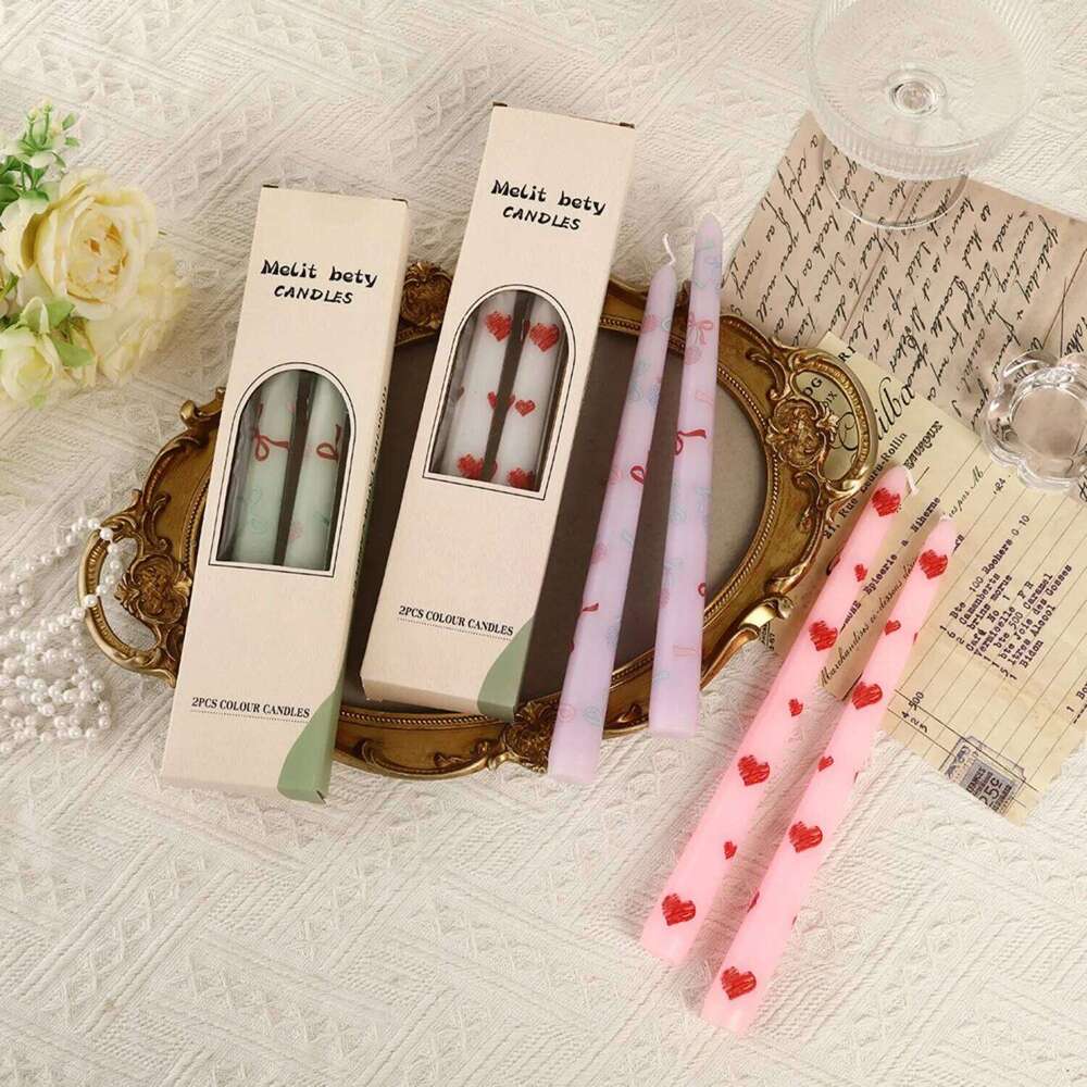 2PCS Colored Cherry/Heart Printed Taper - Romantic Wedding Birthday Candles for Home Party Dinner Garden Table Decor S260204