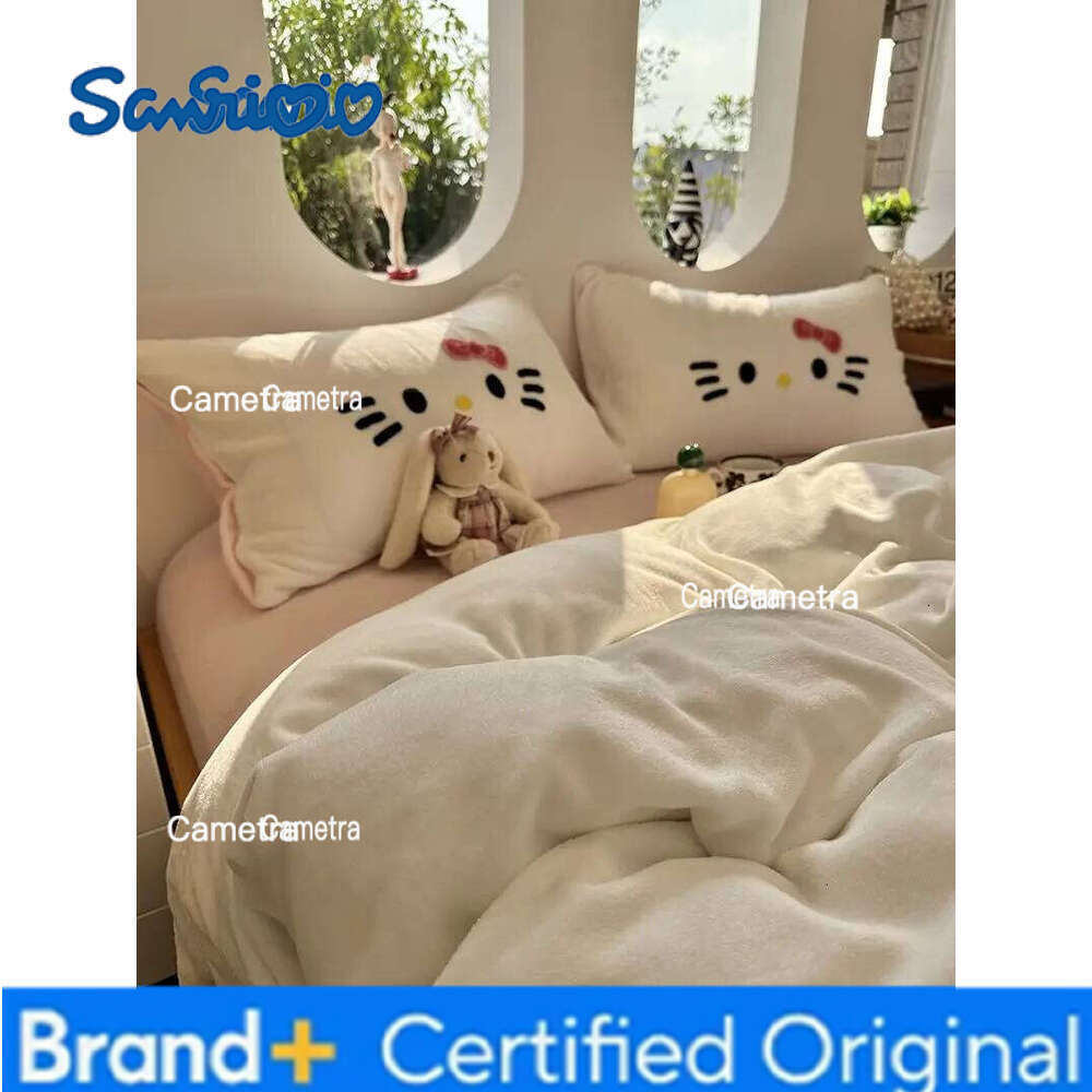Sanrio INS KT CAT Milk Four-piece Farai Coral Fleece Quilt Cover Bed Sheet Three-piece Set H260205