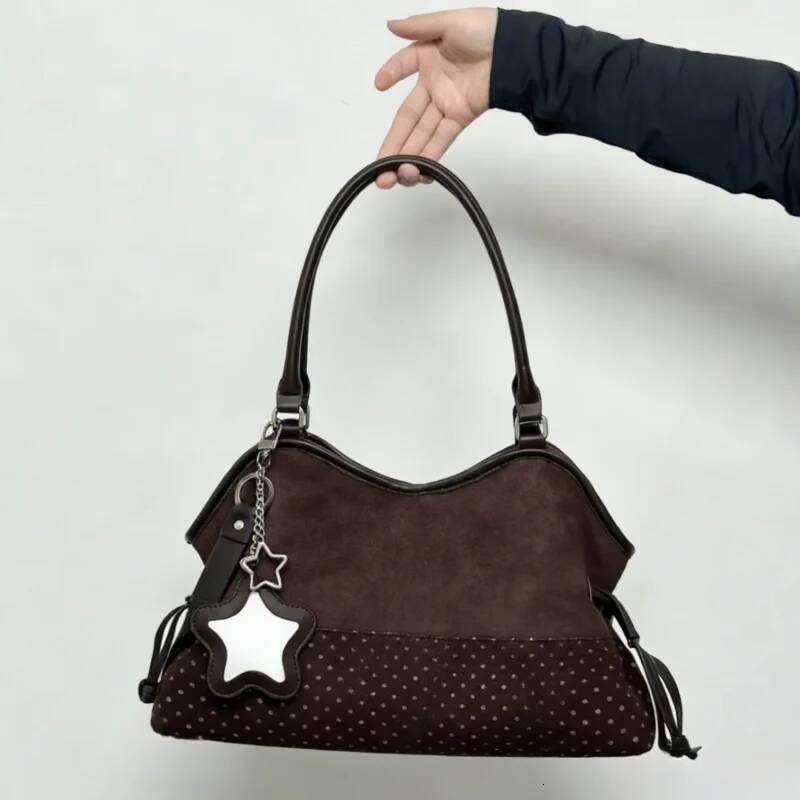 Polka Dot Suede Shoulder Women Stylish Brown Slouchy Tote Drawstring Design Magnetic Buckle Underarm Bag With Star Pendant Y260204