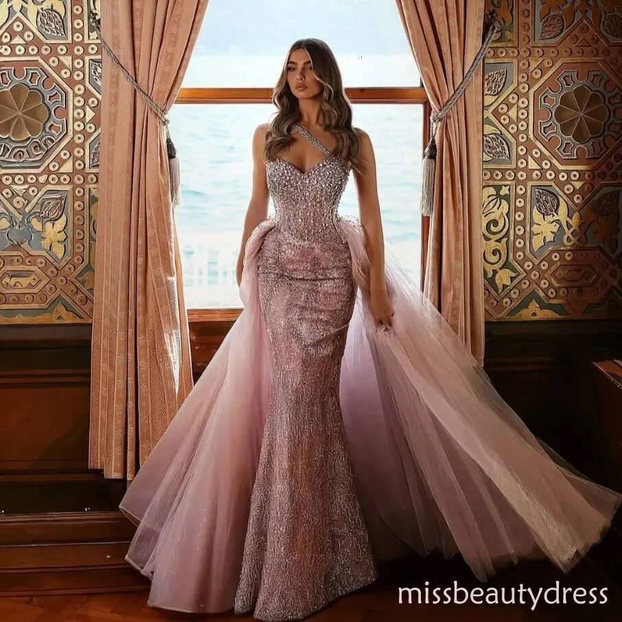Blush Pink Mermaid Prom Dresses With Detachable Train One Shoulder Crystals Lace Evening Gowns Plus Size robe de soiree mariee luxe 1204