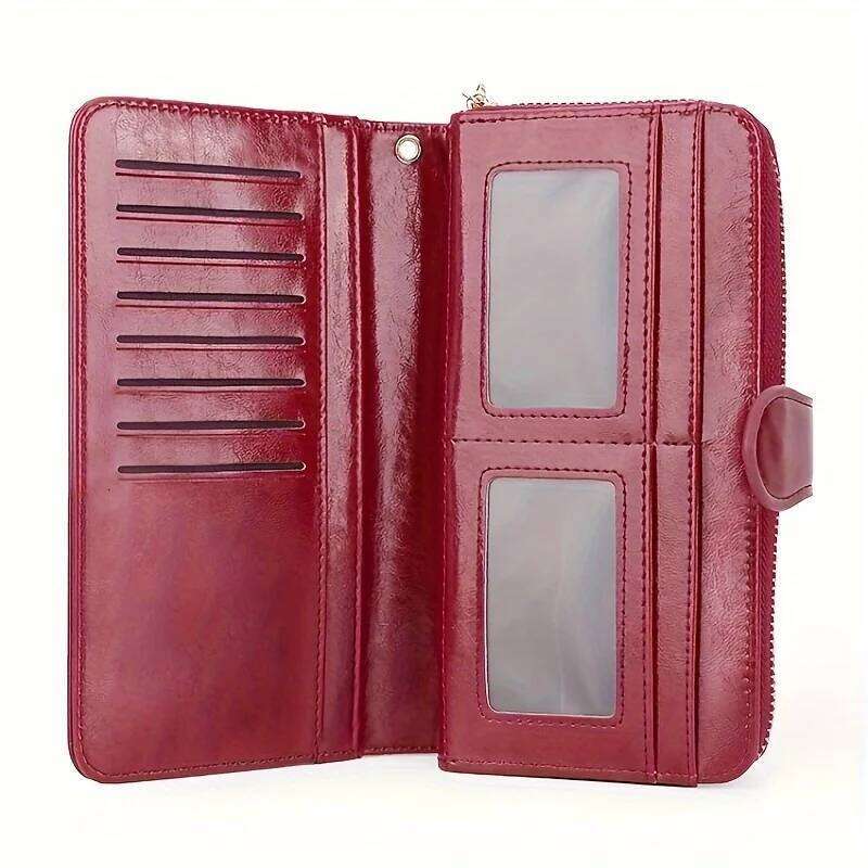 Fashion Red Synthetic Leather Long Wallet, with Wrist Strap, Large Capacity Can Accommodate Multiple Cards, Zipper Closure, Polyester Z260205