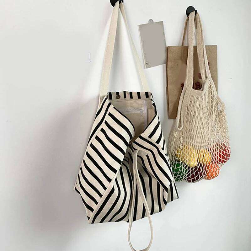 New Beach Fashion Women Canvas Summer Large Capacity Striped Bag Tote Handbag Shopping Shoulder Bags Y260204
