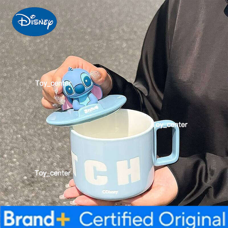 Disney 450Ml Kawaii Lilo & Ceramic Mug with Lid Anime Cartoon Stitch Couple Coffee Office Home Large Capacity Water Cup H260205