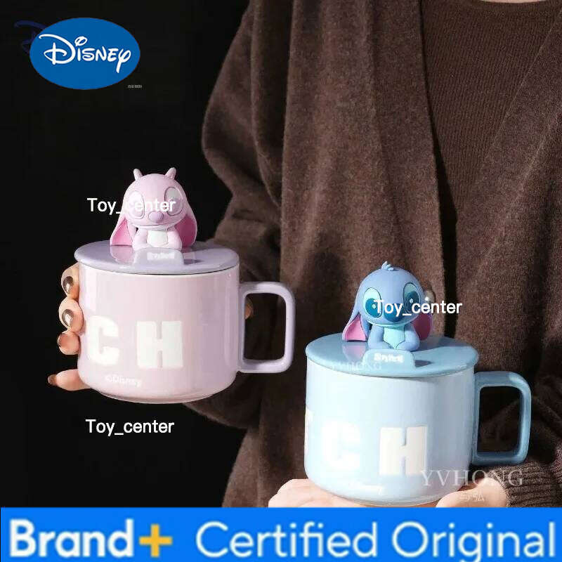 Disney Stitch Angie cartoon anime couples mug cute ceramic milk Creative cup lid phone holder home decoration gift for girls H260205