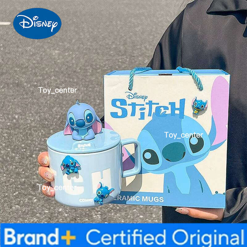 Disney 450Ml Kawaii Lilo & Ceramic Mug with Lid Anime Cartoon Stitch Couple Coffee Office Home Large Capacity Water Cup H260205