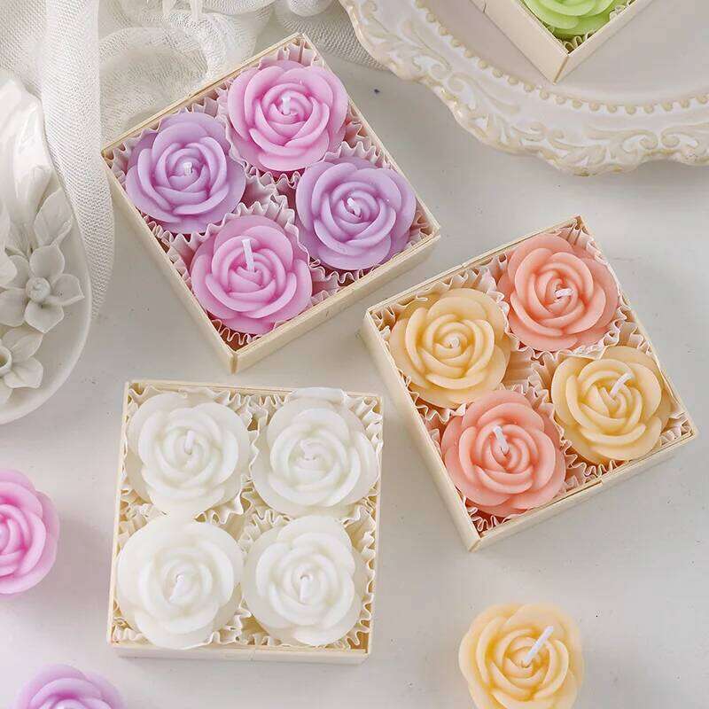 4pc/box Pink Purple Rose Box, Romantic Gift And Souvenir, Artificial Flower Scented Candle S260204