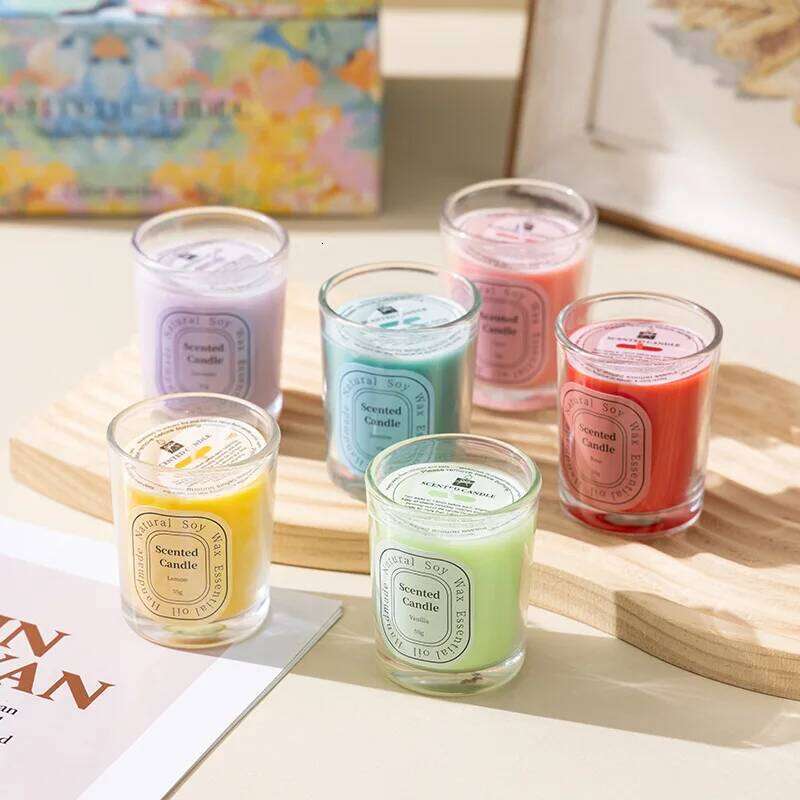 Dopamine Colorful Glass Cup Scented Candle CreativediyOrnament Incense Plant Wax Gift Box Wholesale H260205