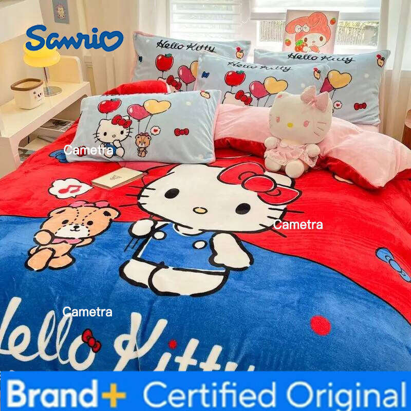Sanrio Ins Original Milk Fleece 4pcs Cute KT Cat Thickened Quilt Cover Sheet Pillowcase 3kg, Girls 3pcs Set H260205