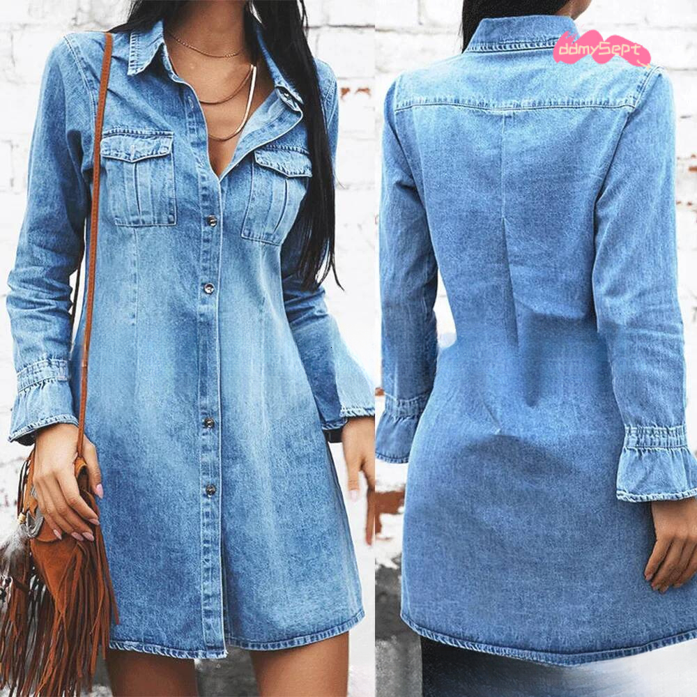 Women Denim Dress Long Sleeve Single Breasted Loose Fit A Line Dresses Turn Down Collar Splice Office Lady Elegant Vestidos ddmysept
