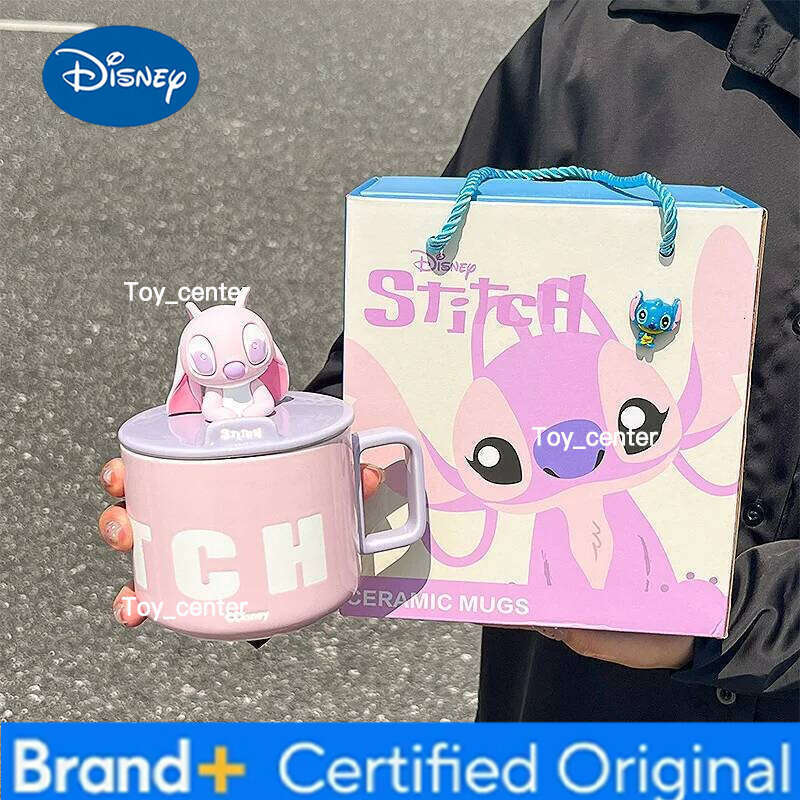 Disney 450Ml Kawaii Lilo & Ceramic Mug with Lid Anime Cartoon Stitch Couple Coffee Office Home Large Capacity Water Cup H2602051
