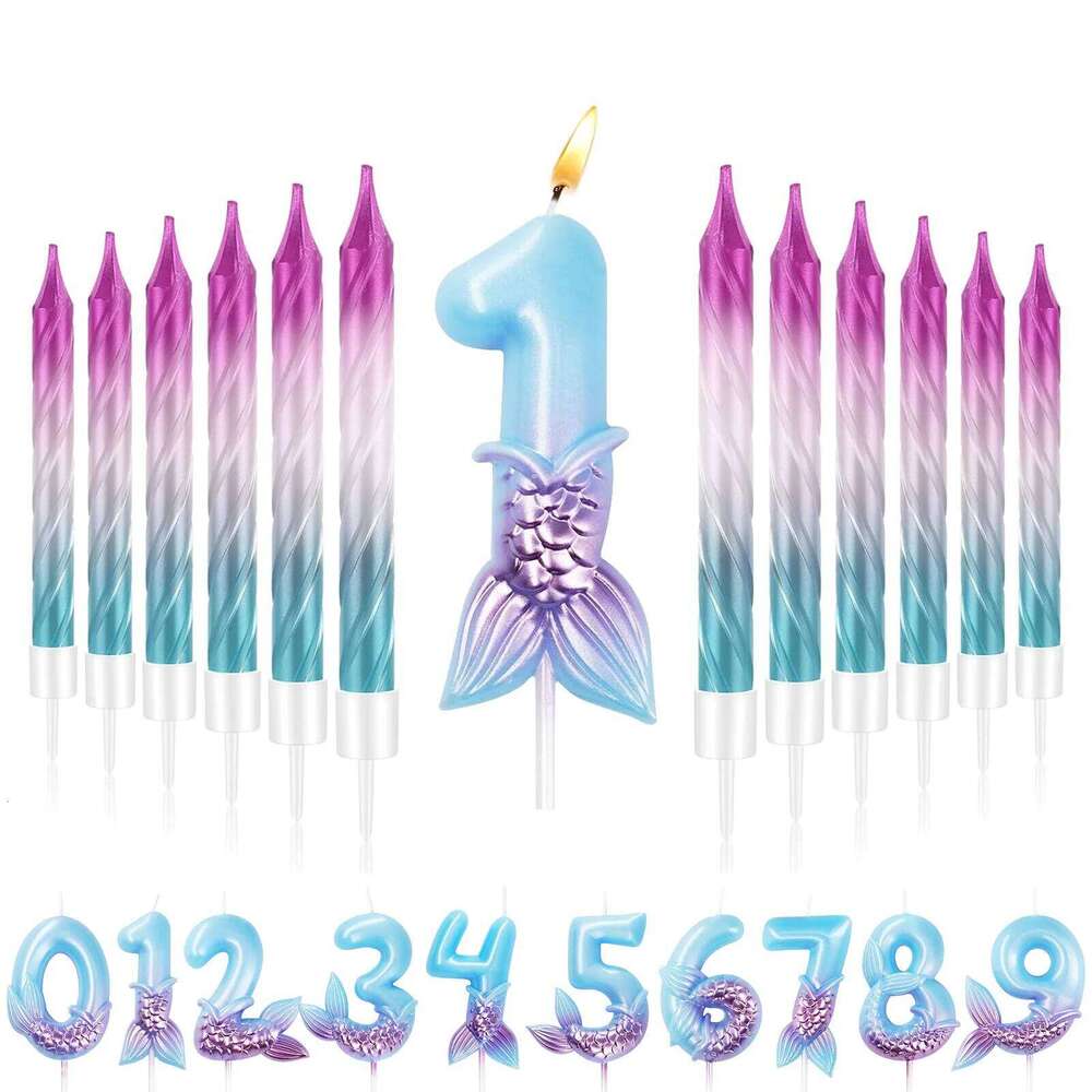 Set 1 with 11 Rainbow Spiral Candles Mermaid Theme Birthday Cake Toppers Decorations S260204