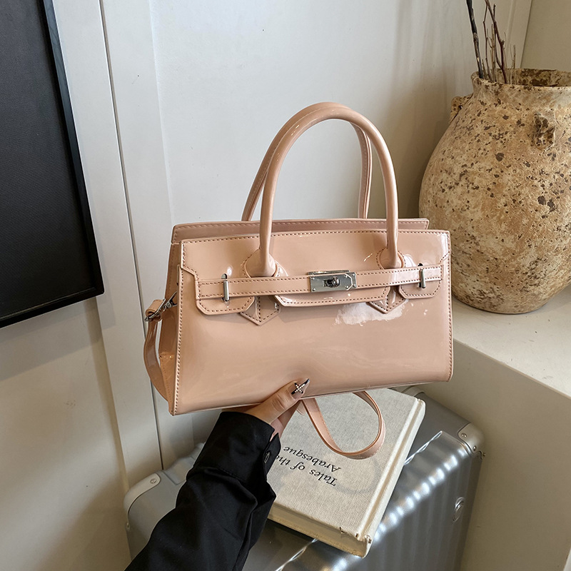 2026 Women's Patent Leather Satchel Bag, Classic Top Handle Tote with Metal Lock & Detachable Strap