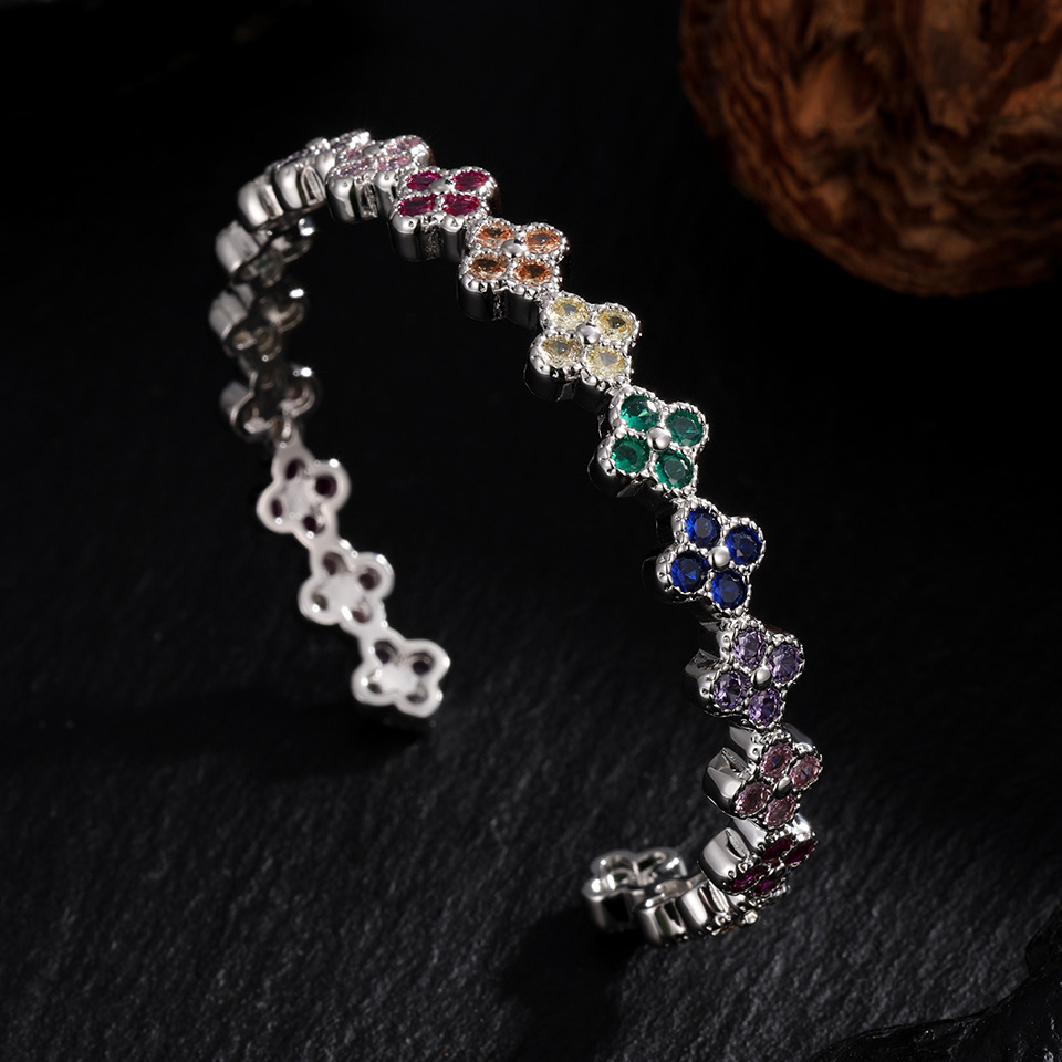 Fashion Light Luxury Copper Inlaid Colorful Diamond Four-Leaf Clover Adjustable Open Bracelet for Women Niche High-End Flower - view 3